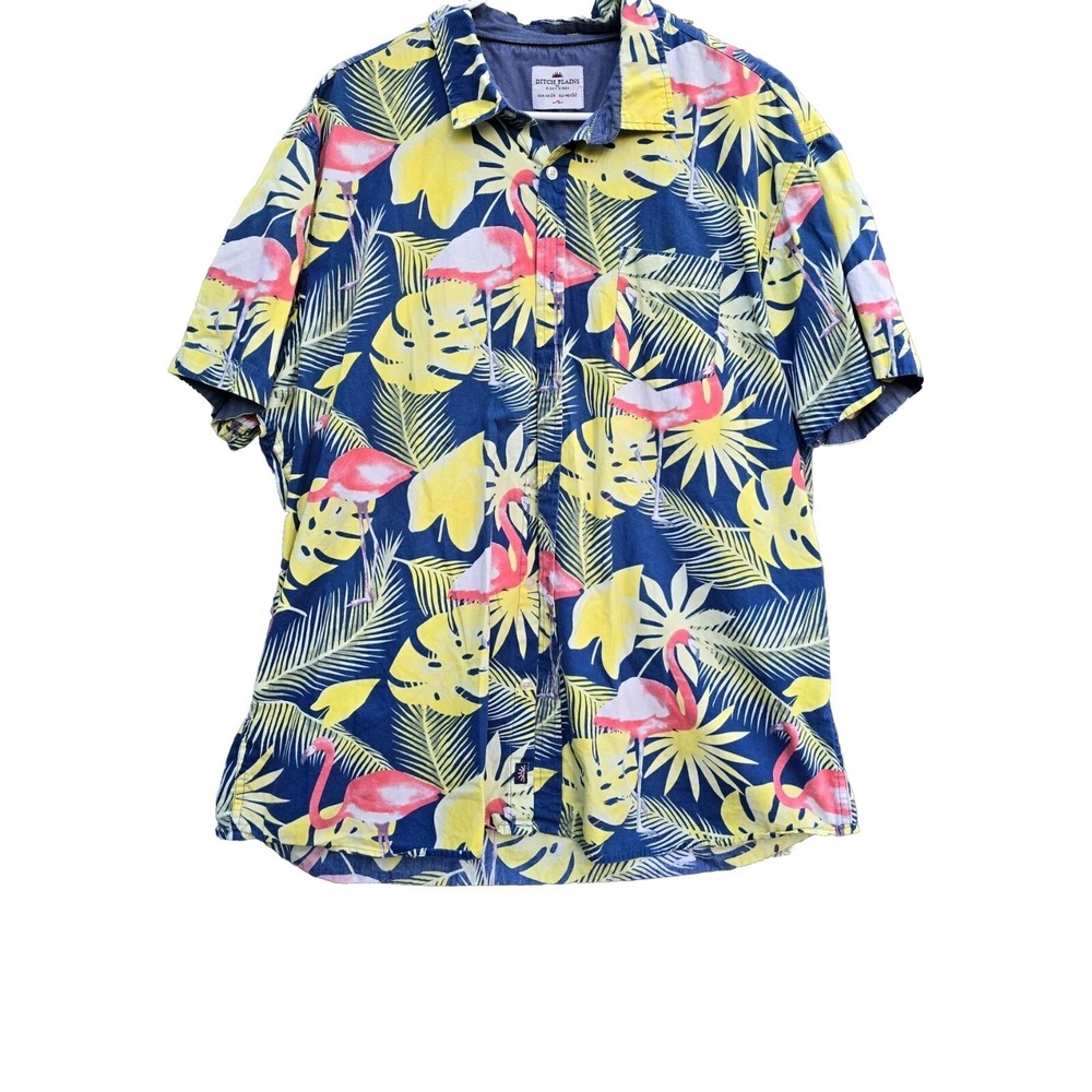 Ditch Plains Ricky Singh Island Men's Hawaiian Shirt 2x Blue Flamingo Floral